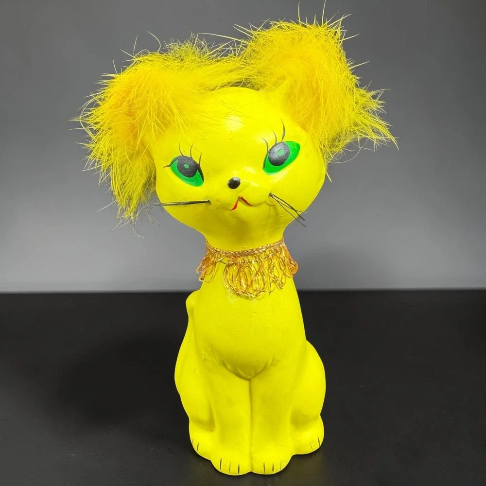 Vintage Norleans Japan Yellow Cat Figurine Feather‎ Ears Mid Century Kitsch 5in